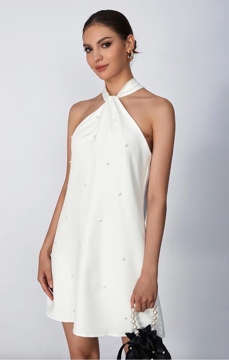 floerns women's pearl beaded halter twist sleeveless tie back dress a line dress medium white