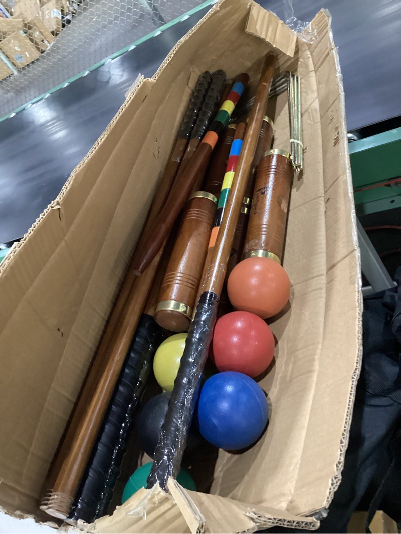 Condition photo showing New/Like New for 35" six player croquet set, deluxe [annatto retro style] croquet set with wooden mallets/colored ball/wickets/stakes for adults/teens/family-perfect for lawn/backyard game/park