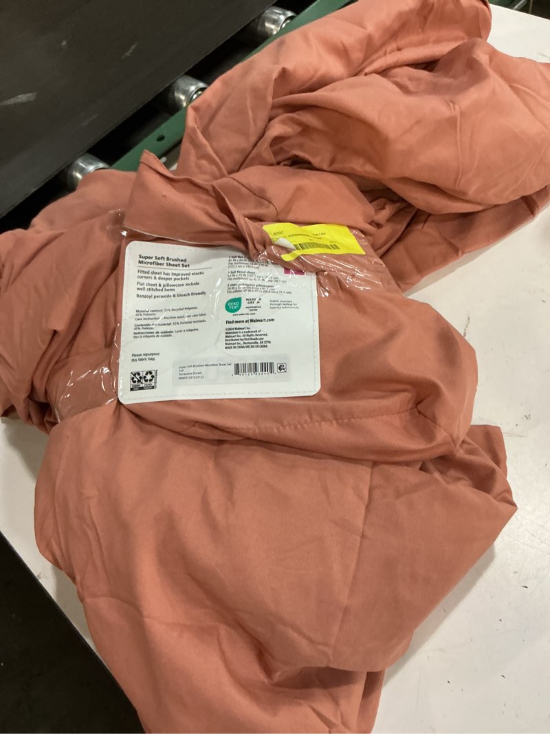 Condition photo showing As Is for mainstays super soft textured microfiber bed sheet set, full, terracotta dream, 4 piece