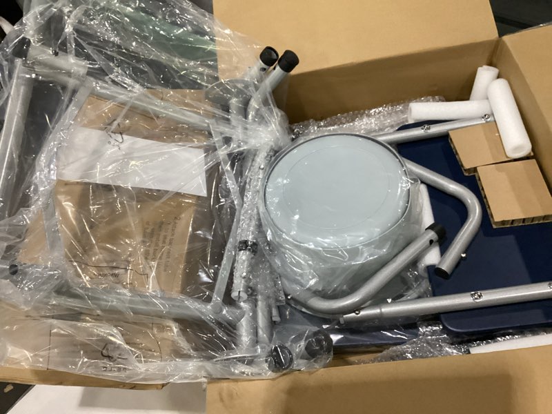 Condition photo showing As Is for Drop Arm Bedside Commode, Commode Toilet with Padded Seat and Backrest, 300lbs Capacity, 6.3QT Removable Bucket and Splash Guard, Adjustable Height Portable Toilet for Adults, Blue