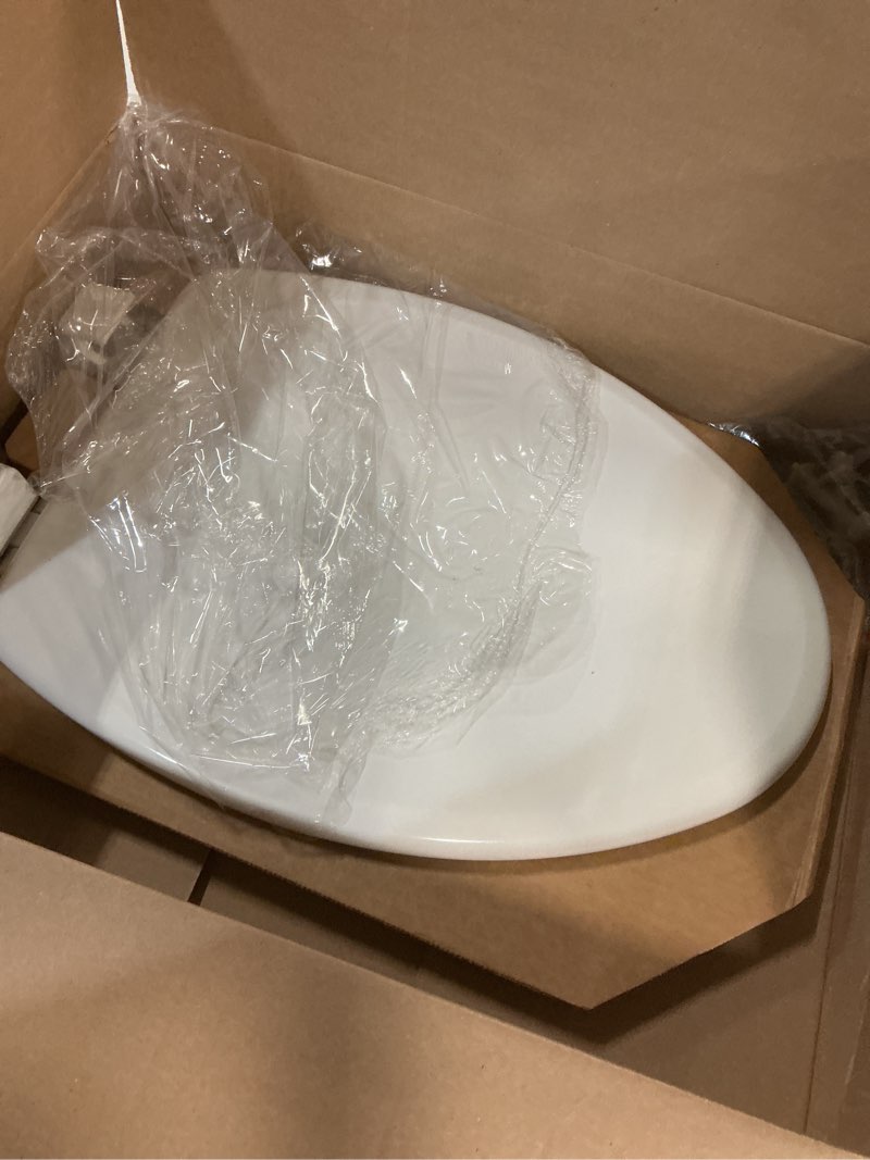 Condition photo showing Good Condition for mayfair linden slow close toilet seat, non slip heavy duty wood, easy install, elongated, white elongated traditional hinge