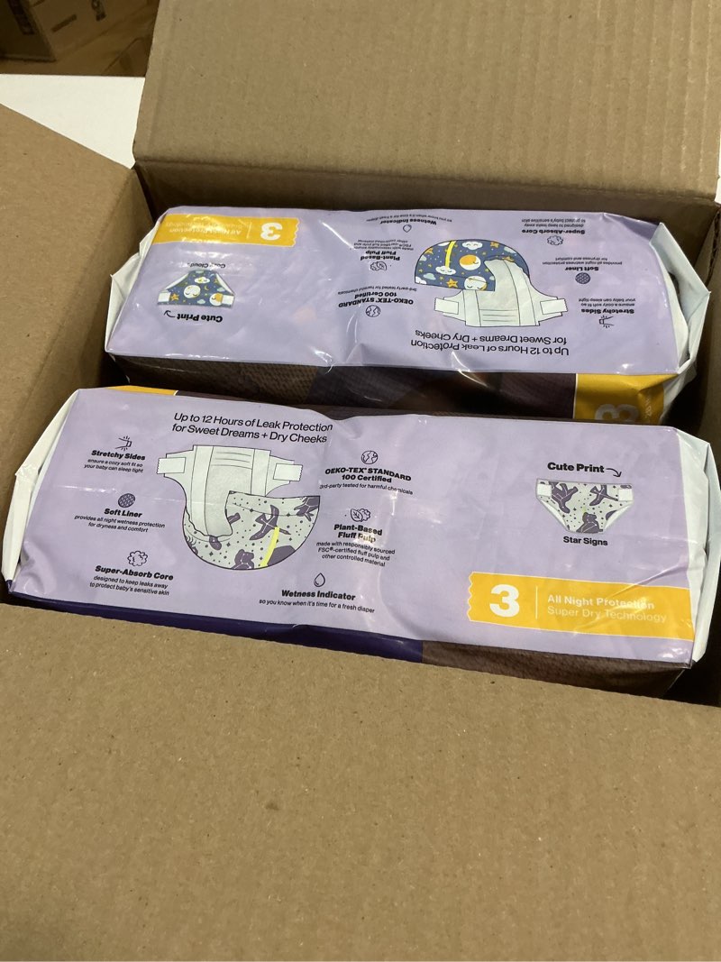 Condition photo showing New/Like New for the honest company comfort dry disposable overnight diapers for sensitive skin, hypoallergenic, baby cozy cloud and star signs design club box size 3 (16–28 lbs) 52 count size 3 52