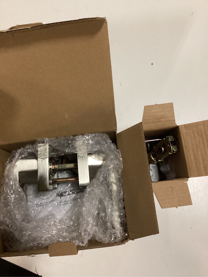 Condition photo showing As Is for 2 pack door handle heavy duty, keyed alike entry door lever, door knobs with lock and key (different keys), square door lever in satin nickel for bedroom, bathroom and front door 2 pack satin nickel