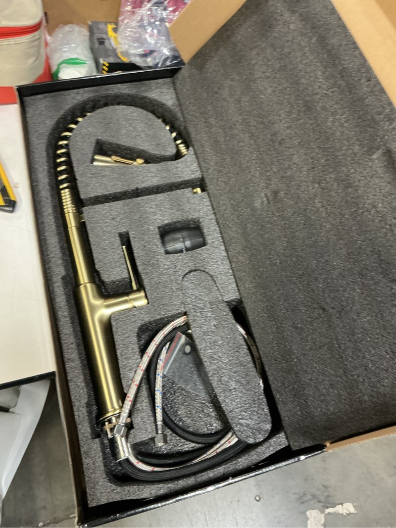 Condition photo showing New/Like New for 22‘’ Extra-Tall Brushed Gold Kitchen Sink Faucets, Commercial High Arc Single Handle Kitchen Faucets for Pull Down Sprayer Modern Spring with Deck Plate 22 inch 22 inch Commercial Brushed Gold