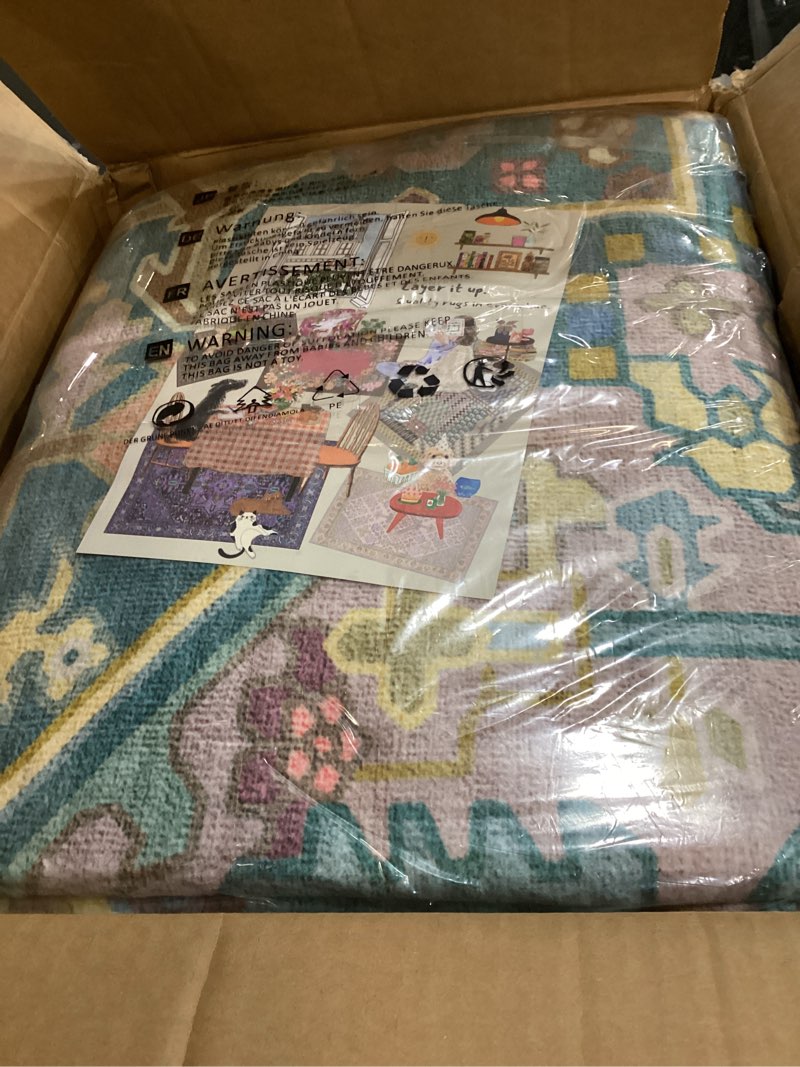 Condition photo showing Good Condition for kokia 9x12 washable turquoise teal area rugs with vintage orient design, soft rug for living room or bedroom, non-slip low pile stain resistance features, distressed medallion pattern 9' x 12' (rectangular) 13/turquoise/lemon/soft rose/khaki