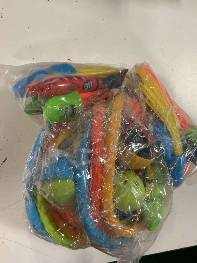 Condition photo showing New/Like New for matty's toy stop 47 piece super ultimate dive set for diving/swimming pools featuring dive sticks, dive rings, gems, balls, fish, torpedo, shark, octopus, jellyfish, fishing nets & bonus storage bag