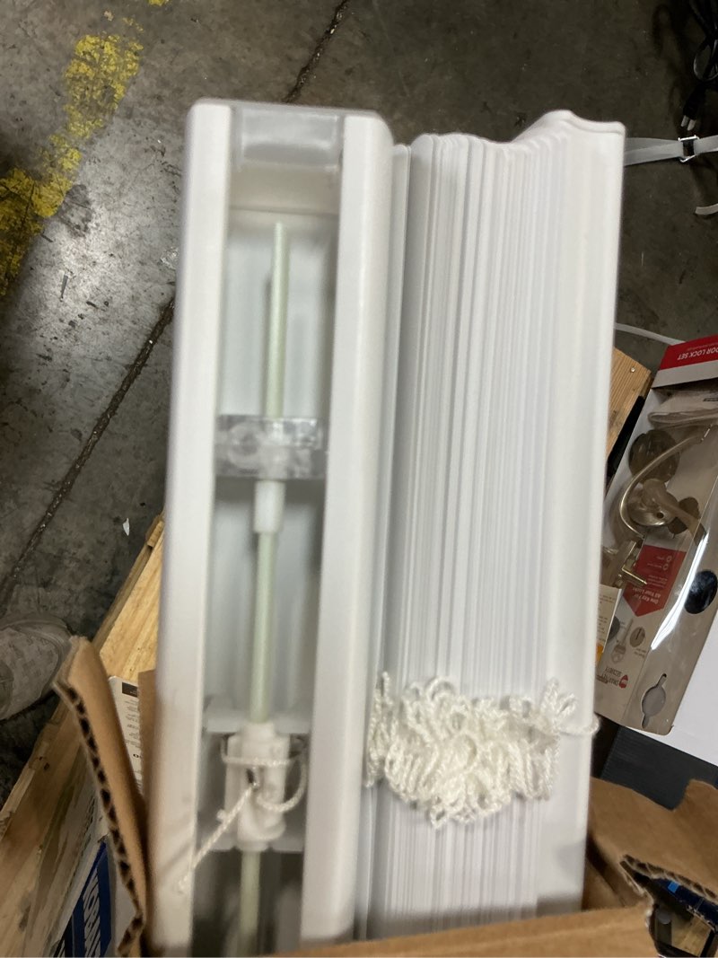 Condition photo showing As Is for project source room darkening 1-in slat width 36-in x 64-in cordless white vinyl room darkening mini-blinds