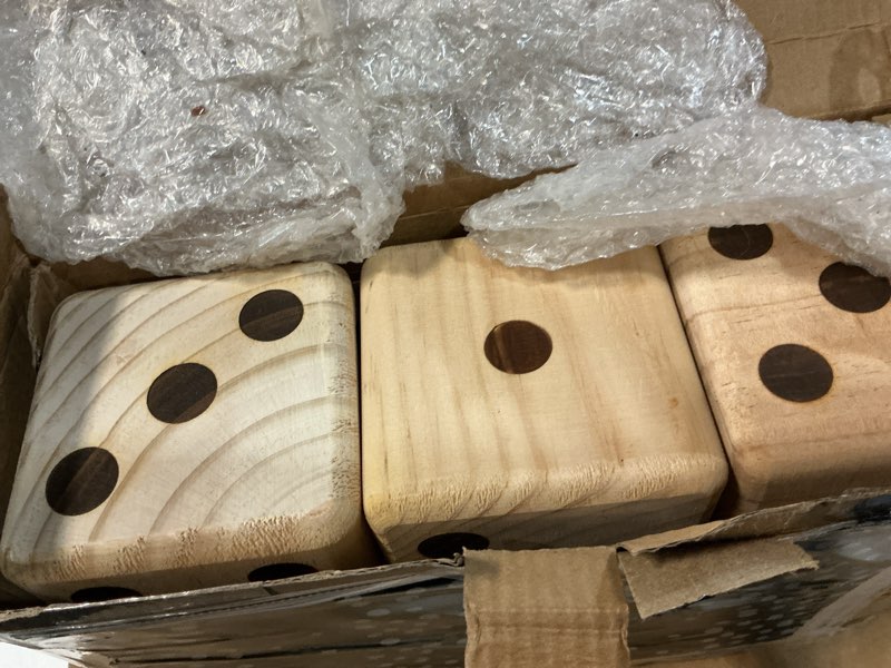 Condition photo showing New/Like New for giant wooden yard dice set - outdoor lawn games for adults and family, 3.5 inch solid pine wood, backyard camping tailgating set with scorecards and carry bag