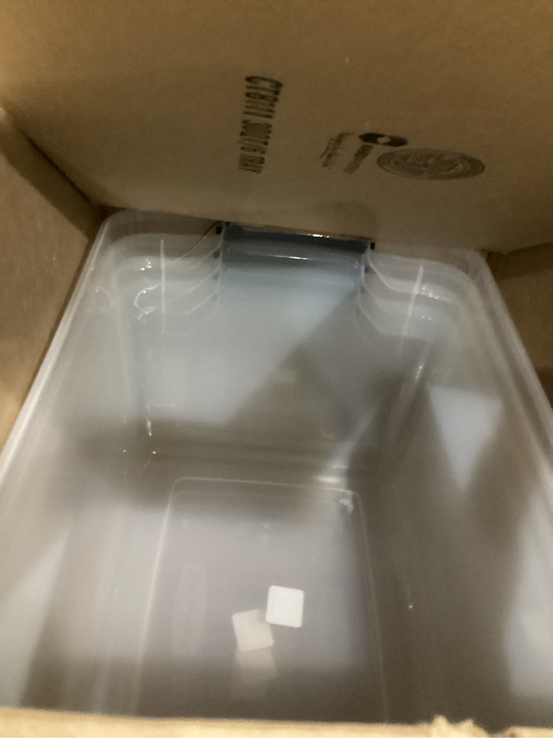 Condition photo showing As Is for Rubbermaid Cleverstore Clear 32 Qt, 6 Pack Stackable Plastic Storage Bins with Lids, Great for Closet and Laundry Storage, Organizing in the Home 32 Qt – 6 Pack