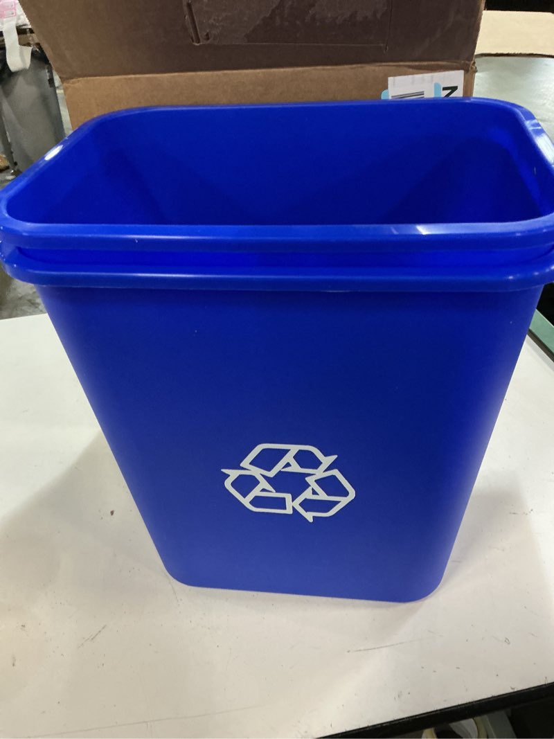 Condition photo showing Good Condition for amazon basics rectangular commercial office recycling wastebasket with recycle logo, easy to clean, 7 gallon, blue, pack of 2