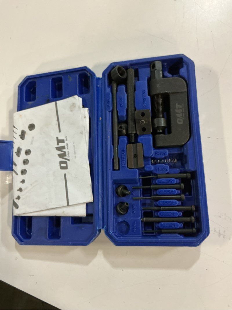 Condition photo showing Good Condition for orion motor tech motorcycle chain rivet tool, 20pc motorcycle chain tool kit with blackened c frame 5 pins pre-press cap, pro bike atv motorcycle chain breaker cutter removal tool for 25 to 630 chains