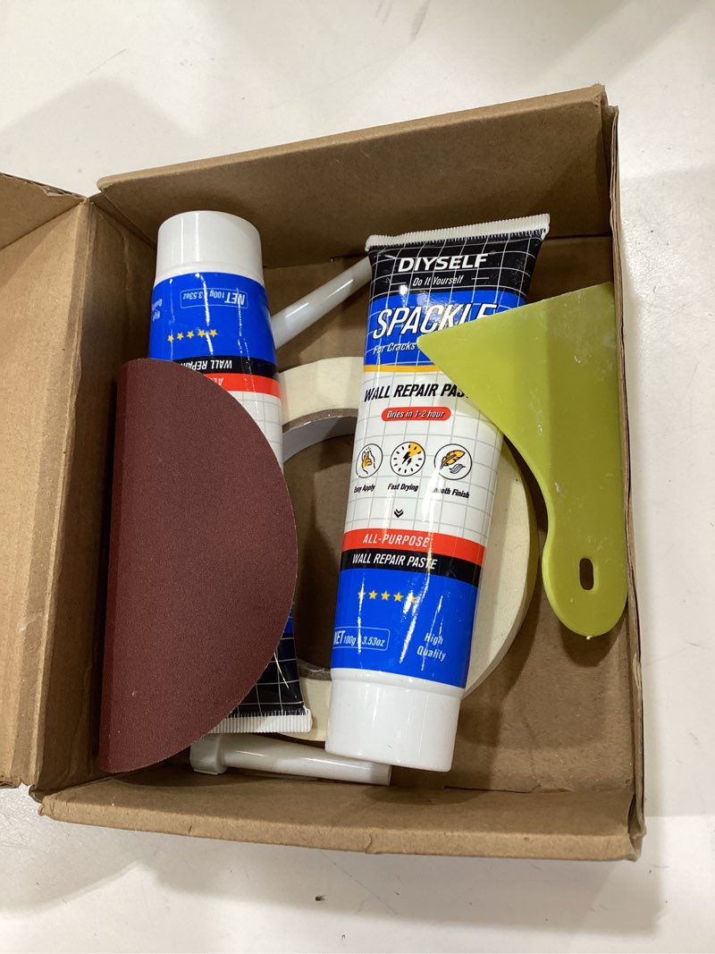 Condition photo showing Good Condition for diyself 9 pack drywall repair kit, surface repair kit, spackle wall repair, 2×100g (7oz total) putty, white drywall mud, plaster for holes, cracks, gaps, fast-drying hole filler with scraper, sander