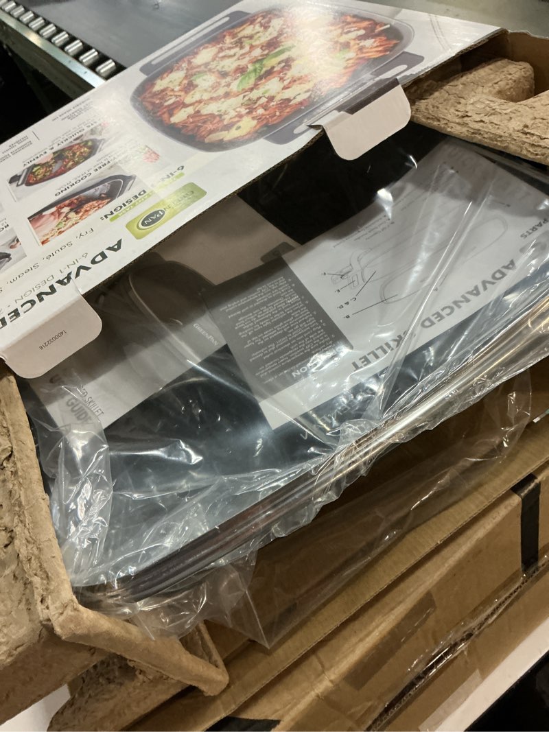 Condition photo showing New/Like New for GreenPan Advanced 12” X 15” Electric Skillet with Lid, 7QT Capacity for Family Meals, Healthy Ceramic Nonstick PFAS-Free Coating, Fry, Sauté, Steam, Simmer, Sear, Stir Fry, Dishwasher Safe, Graphite 12" x 5" Electric Skillet Graphite