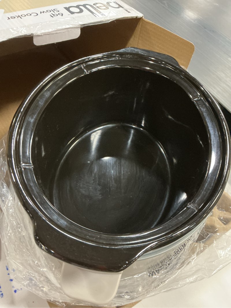 Condition photo showing As Is for bella 6.0 Qt Manual Slow Cooker, Ceramic Nonstick Coating, 3 Temperature Settings, Dishwasher Safe Stoneware Pot and Tempered Glass Lid, Cool Touch Handles & Tangle Free Cord Wrap, Oatmilk