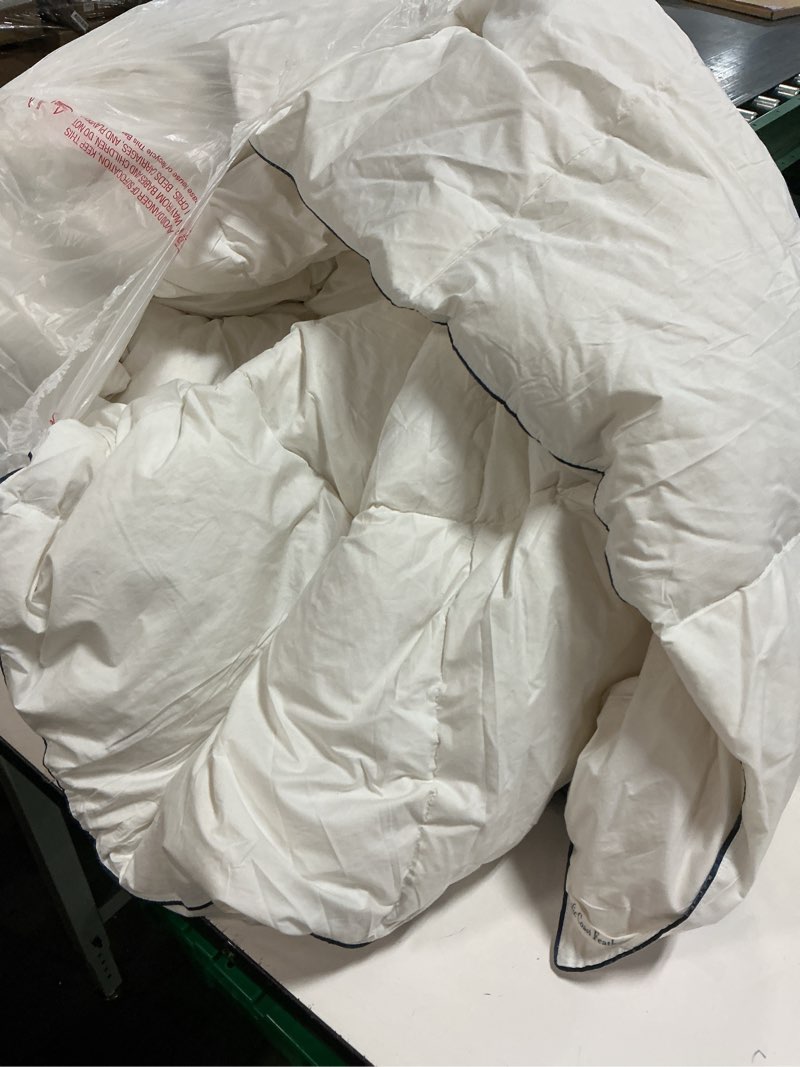 Condition photo showing As Is for lightweight queen down comforter for hot sleepers & summer - noiseless luxury duvet insert with 8 corner loops & black trim, white 90"x90"