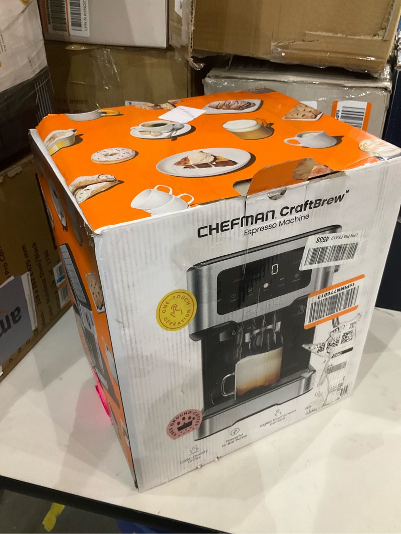 Condition photo showing As Is for Chefman CraftBrew Espresso Machine, 15-Bar Pump Digital Espresso Maker w/Steam Wand for Latte & Cappuccino, Compact Espresso Coffee Machine w/ 1.5L Removable Water Reservoir - Stainless Steel Automatic