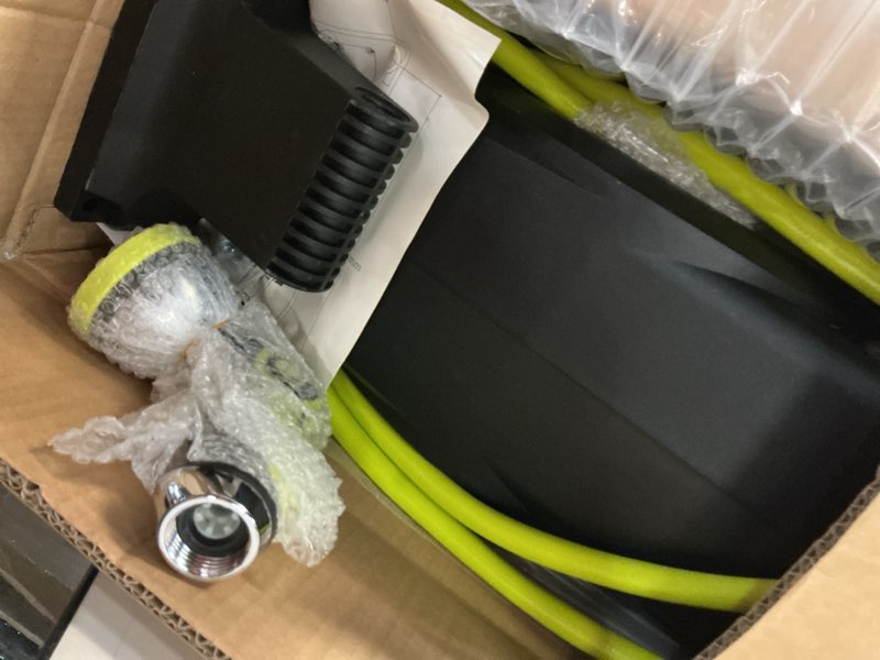 Condition photo showing Good Condition for fenbeli retractable garden hose reel 50 ft, wall mounted auto rewind hose reel with 10 pattern nozzle, any-length lock, 180° swivel bracket, burst-resistant hose & brass fittings for yard car wash 50ft