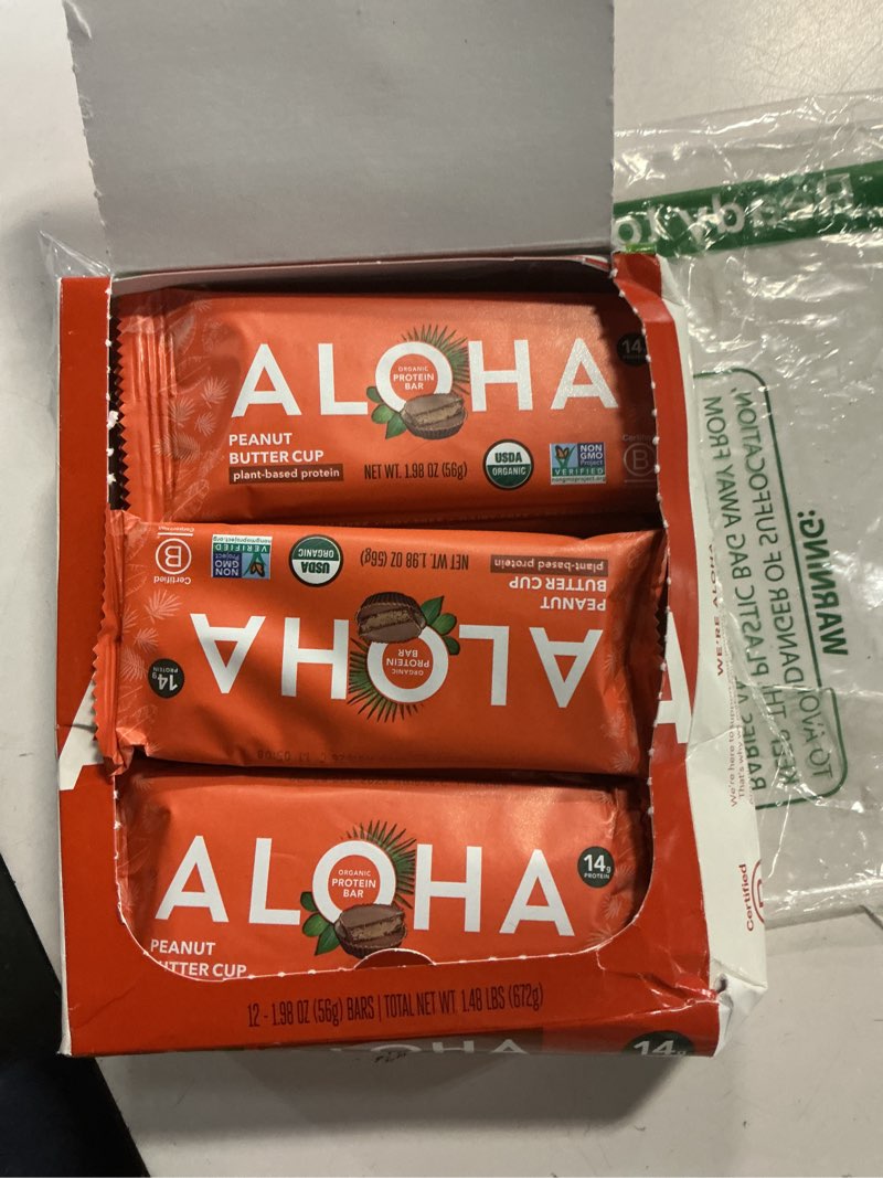 Condition photo showing New/Like New for ( best by 12/28/26 ) ALOHA Organic Plant Based Protein Bars - Peanut Butter Cup Bar - 12 Bars, Vegan, Low Sugar, Gluten-Free, Low Carb, Non-GMO, No Stevia, No Erythritol