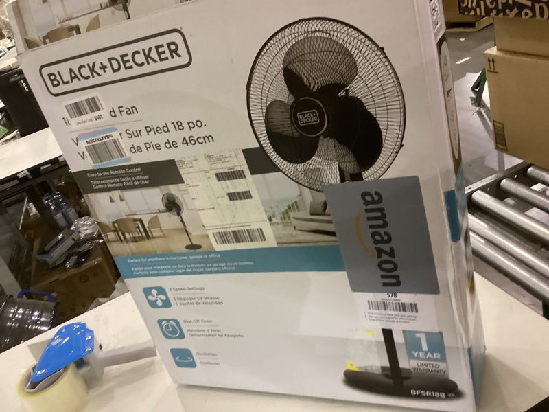 Condition photo showing As Is for BLACK+DECKER 18-Inch Stand Fan with Pedestal Base, Height Adjustable Pedestal Fan with Remote and Touch Control Panel, Free Standing Fan with 90-Degree Oscillating and 3-Speed Settings, Black Black 18"