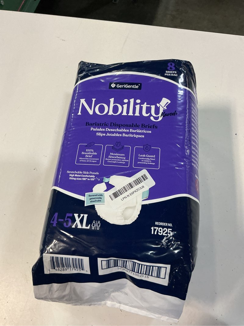 Condition photo showing New/Like New for 4-5xl adult diapers for women and men - 8 bariatric disposable briefs with tabs and stretchable side panels - 100% breathable with maximum absorbency 1 pack