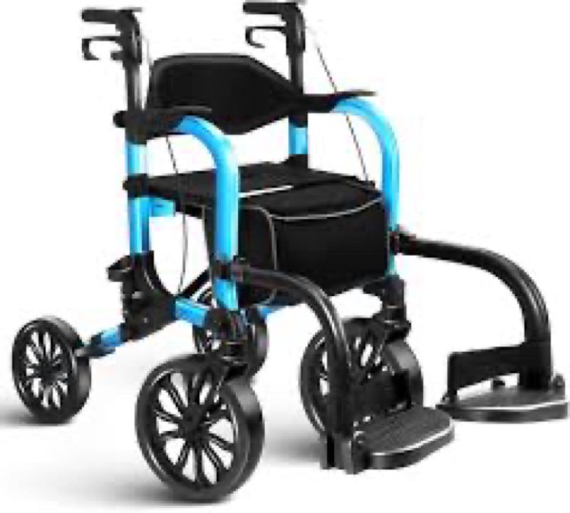 Foldable Rollator Walker with Seat for Seniors & Adults Lightweight 2-in-1 Walker and Wheelchair Combo Adjustable Handle Height Transport Chair with Brakes 300 lbs Weight Capacity