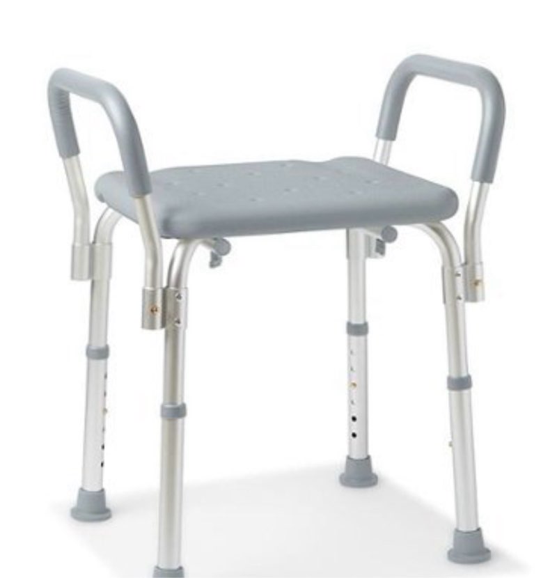 medline bath bench with padded armrests  height adjustable shower seat  350 lb. weight capacity  gray