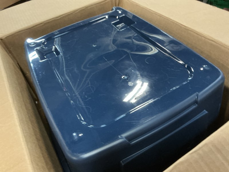 Condition photo showing As Is for iris usa cat litter box, litter box enclosure with scoop and front door flap, covered kitty litter box for privacy, portable, easy to clean, navy navy 1 count (pack of 1)
