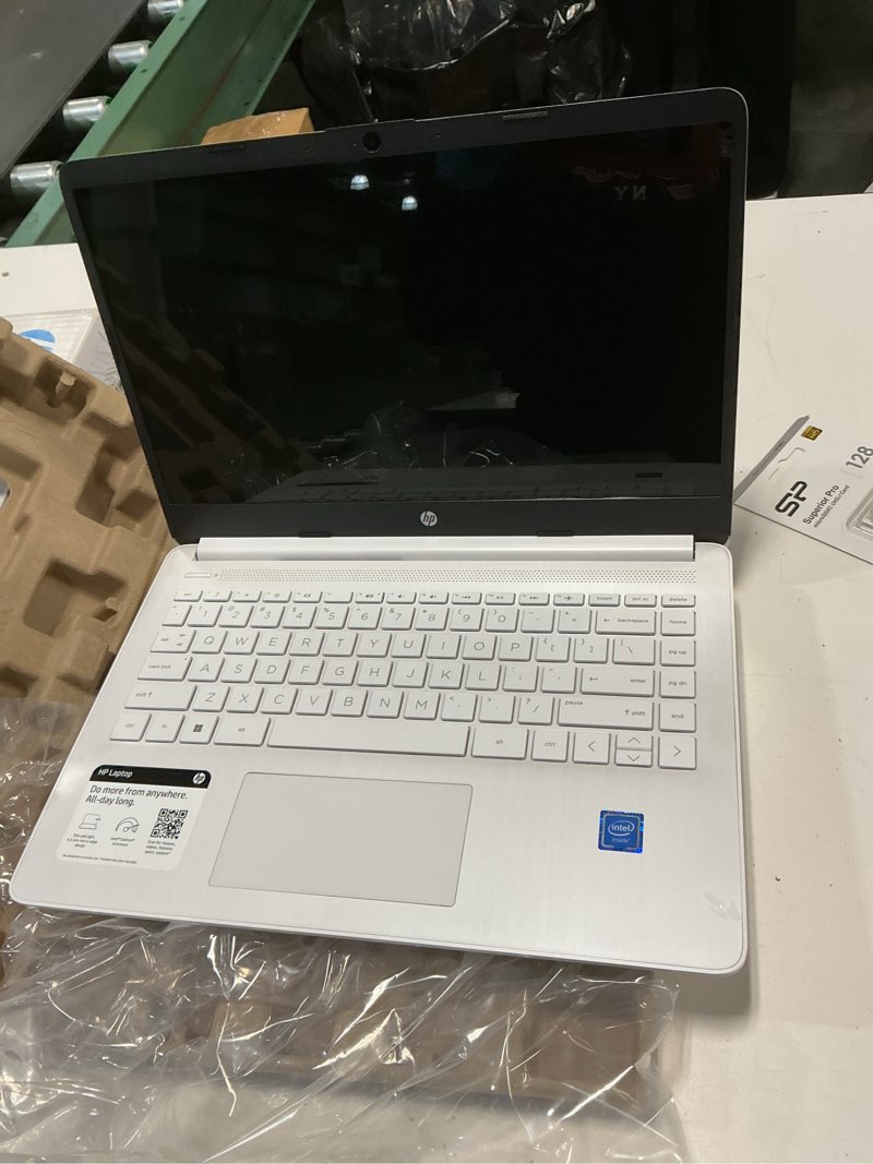 Condition photo showing Working Condition Verified for HP 14" Laptop, 4GB RAM, 64 GB eMMC, Intel Celeron N4120, Webcam, WiFi 6, Bluetooth, HDMI, Windows 11 Pro & Microsoft Office Lifetime License