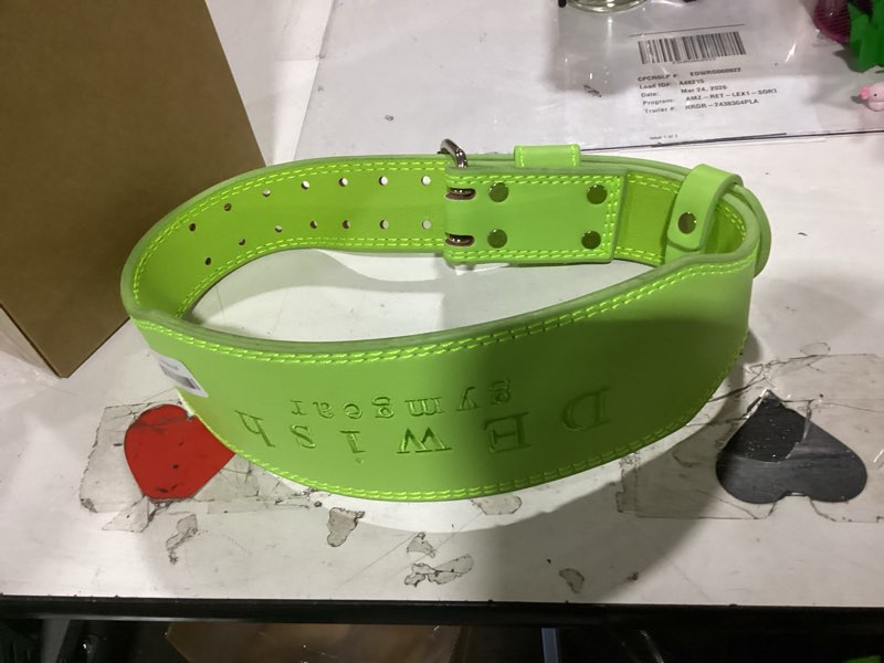 Condition photo showing Good Condition for leather weightlifting belt, 10 adjustable holes, 4”width, double prong power belt for gym bodybuilding, weightlifting, powerlifting, squats and deadlifts neon green xs (23\"-27\")