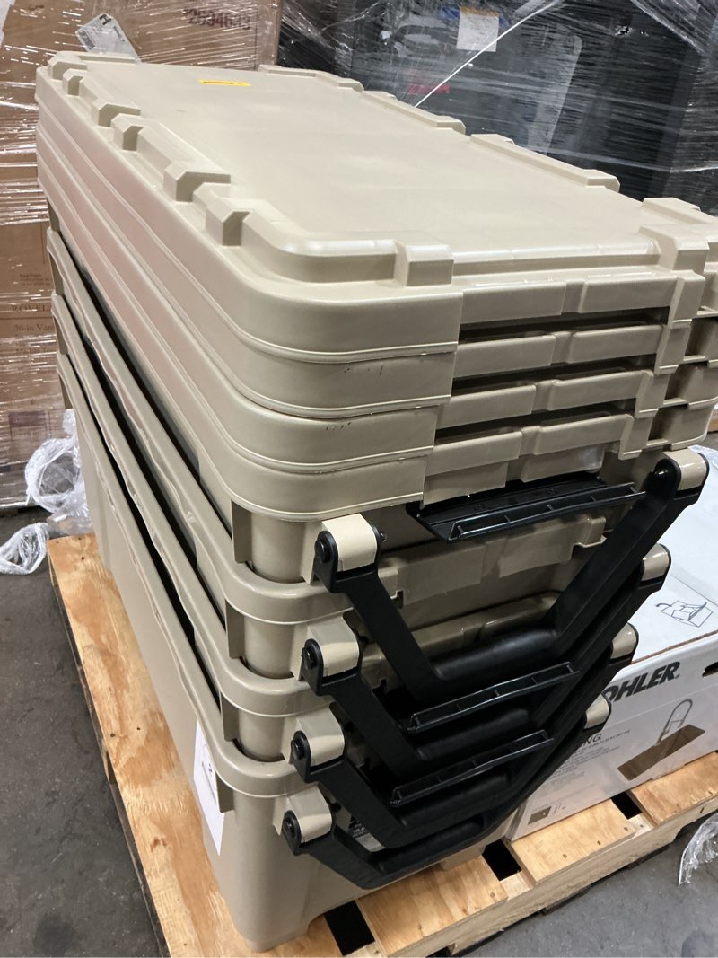 Condition photo showing Good Condition for project source large 42.3 -gallons ( 169 -quarts ) khaki yellow/solid heavy duty rolling stackable tote with latching lid