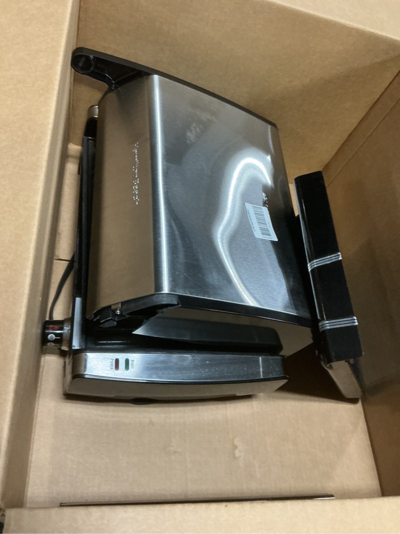 Condition photo showing As Is for hamilton beach electric indoor searing grill with adjustable temperature control to 450f, 118 sq. in. surface serves 6, pfas-free removable nonstick grate, stainless steel (25360) stainless steel 118 sq. in. surface serves 6