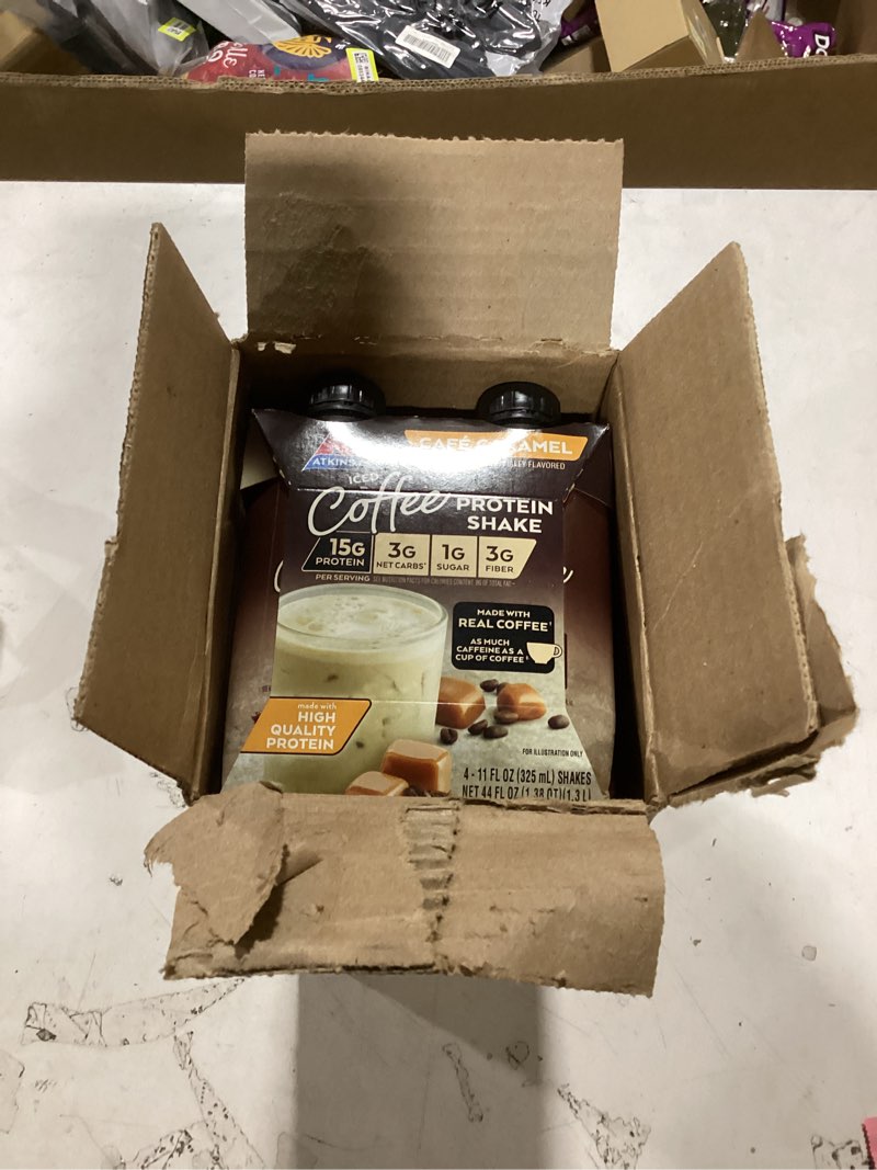 Condition photo showing New/Like New for Atkins Café Caramel Iced Coffee Flavored Protein Shake, High Protein Shake, Low Glycemic, Low Carb and Low Sugar, Keto Friendly, Gluten Free, 12 Count Caramel 1 Fl Oz (Pack of 12)