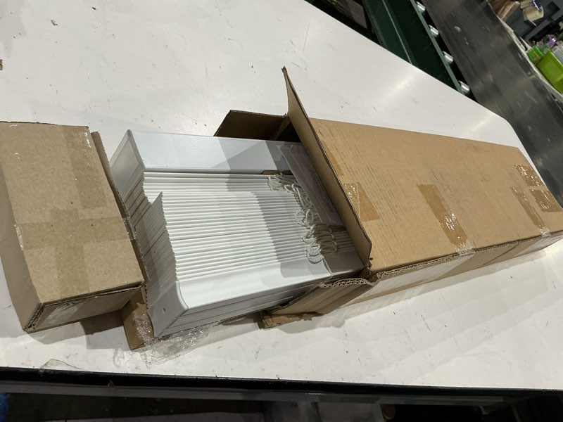 Condition photo showing As Is for lotus & windoware cordless, 2 inch faux wood blind, 23" wide x 60" long, window blinds, blinds & shades, blinds for indoor windows, embossed, bright white