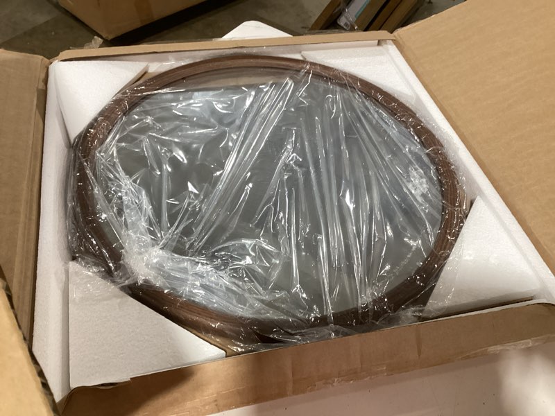 Condition photo showing New/Like New for lvmu round walnut/oak frame wall mirror 20x20 inch woodgrain framed farmhouse decorative brown circle mirrors for bathroom rustic hanging vanity mirror hallway entryway bedroom (walnut, 20"l x 20"w) walnut 20"l x 20"w