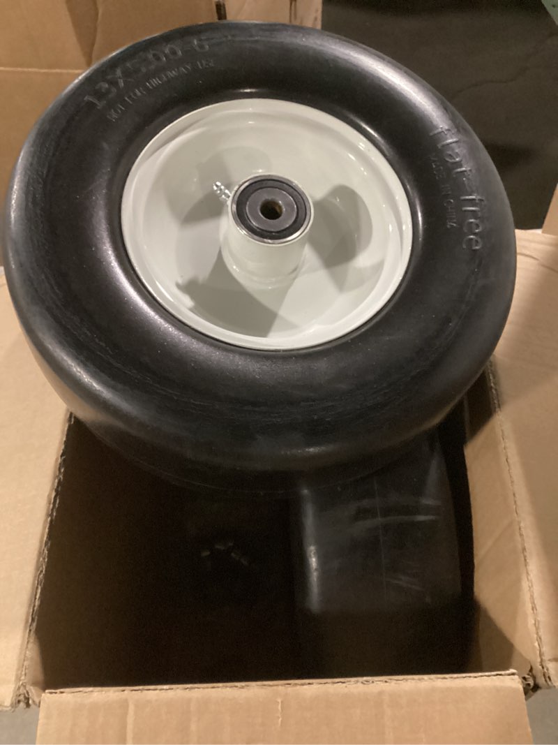 Condition photo showing As Is for 13x5.00-6 flat free lawn mower tires and wheels 3/4" 5/8" 1/2" ball bearings, 13x5x6 zero turn mower front tires, smooth tires for commercial grade lawn 4.3"-6.3" adjustable centered hub 13x5.00-6 - 2p ( flat free ) white