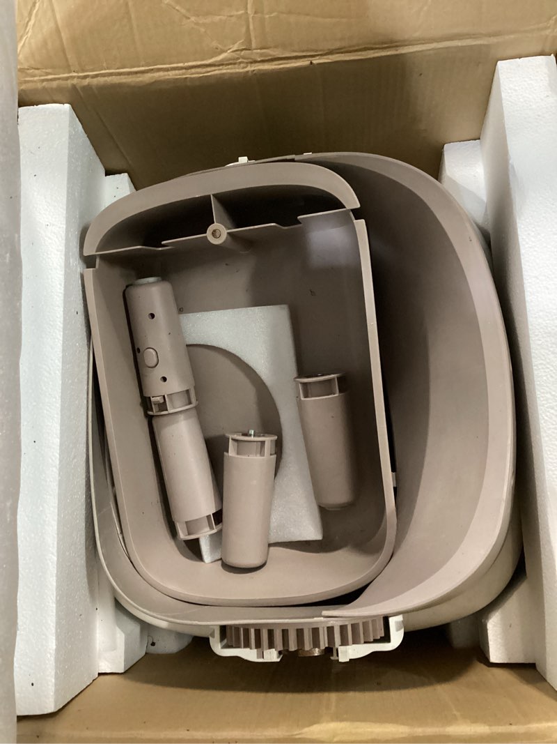 Condition photo showing As Is for self cleaning litter box, automatic cat litter box with app control, odor-free waste disposal includes trash bags, large waste bin, open-top, for multiple cats large white & khaki