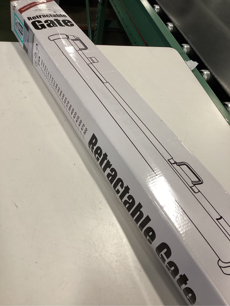Condition photo showing New/Like New for 96 Inch Wide Reinforced Retractable Baby Gate with Support Rods, Extra Long Dog Gate Retractable Gate Outdoor Gates for Decks, Prevent Crawling Under Extra Long Baby Gates for Large Openings, Black Black (33" Tall x 96" Wide)