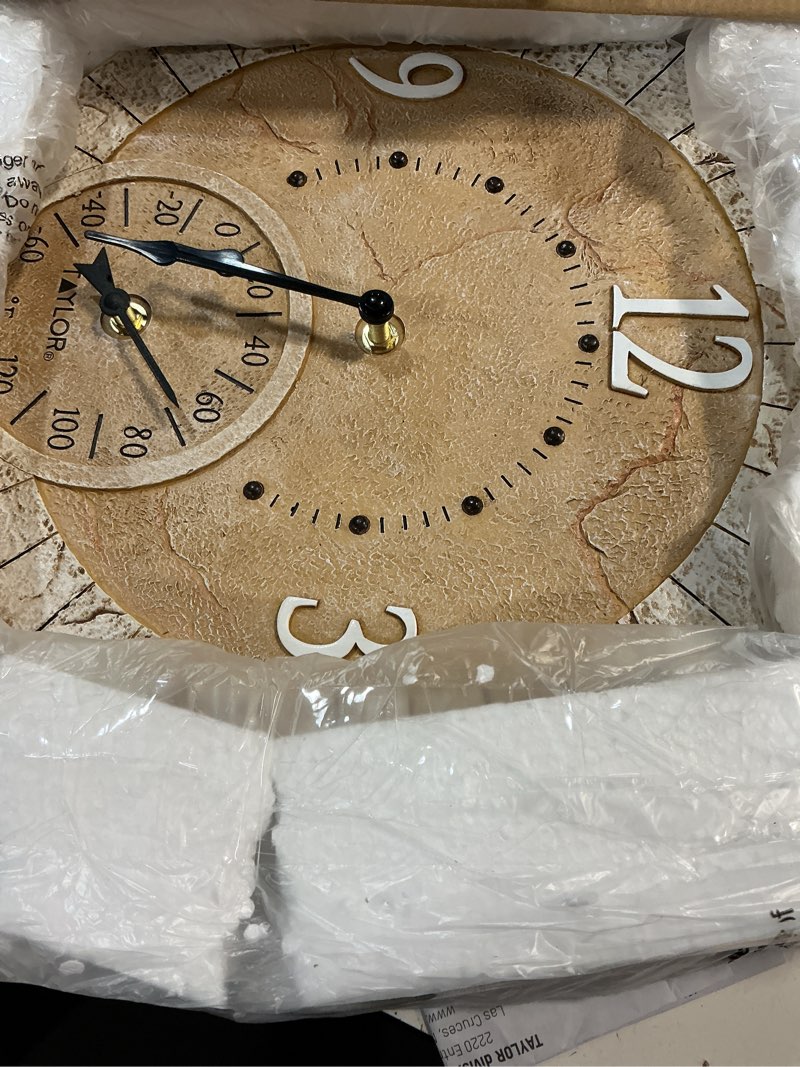 Condition photo showing Good Condition for taylor terra cotta poly resin indoor and outdoor clock and thermometer, home decor for garden, patio, pool, and indoor areas, 14-inch, multi-color