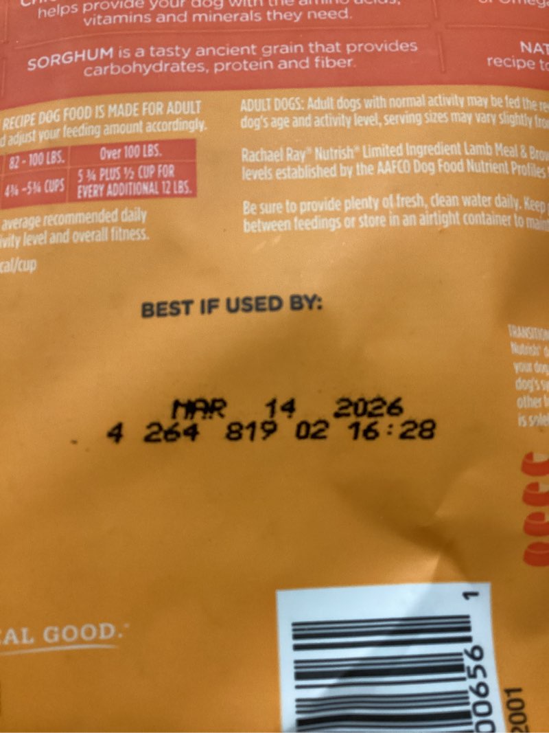 Condition photo showing New/Like New for (Best by: MAR/14/2026) Rachael Ray Nutrish Limited Ingredient Diet Lamb Meal & Brown Rice Recipe, Lamb Meal & Rice, 6.00 Pound (Pack of 1) (Packaging Design May Vary) Lamb Meal & Brown Rice 6 Pound (Pack of 1)