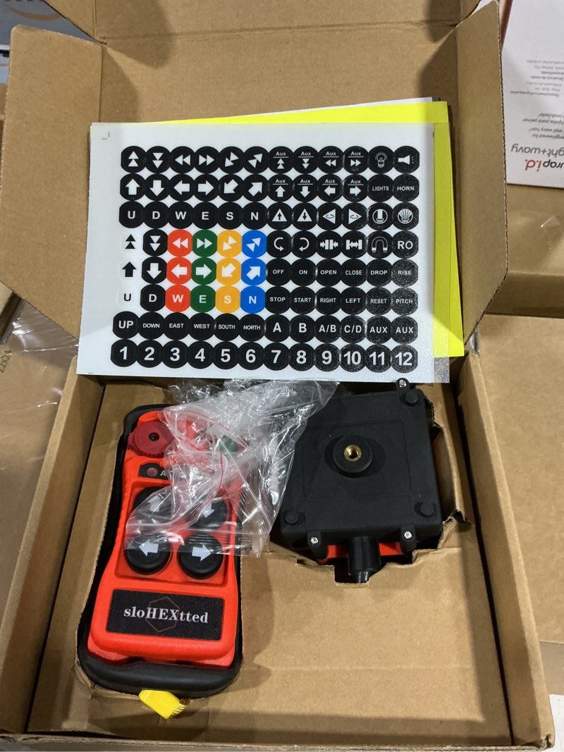 Condition photo showing Good Condition for 4 channel button wireless crane remote control kit 12v 24v radio transmitter and receiver for electric chain hoist lift winch overhead crane remote controller ac/dc 12-24v(1t1r)