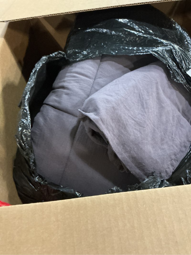 Condition photo showing As Is for ugg leonora comforter set with 2 pillow shams lightweight down alternative blanket reversible cozy warm all season washable and hypoallergenic bedding set, king, purple shadow purple king