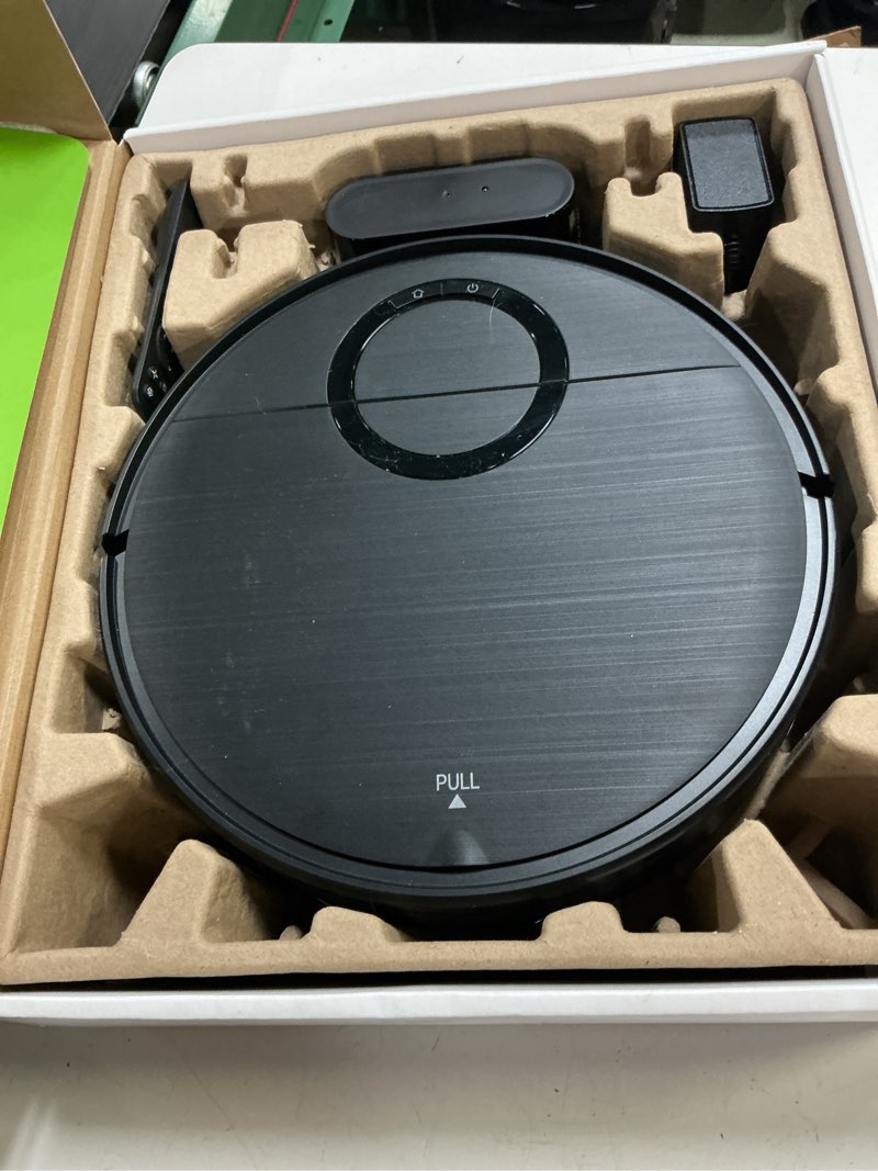 Condition photo showing As Is for robot vacuum, 2 in 1 robot vacuum and mop combo for pet owners: strong suction, anti-tangle brushless inlet, picks up dog & cat hair, wet mopping removes paw prints, auto-recharge with schedule black