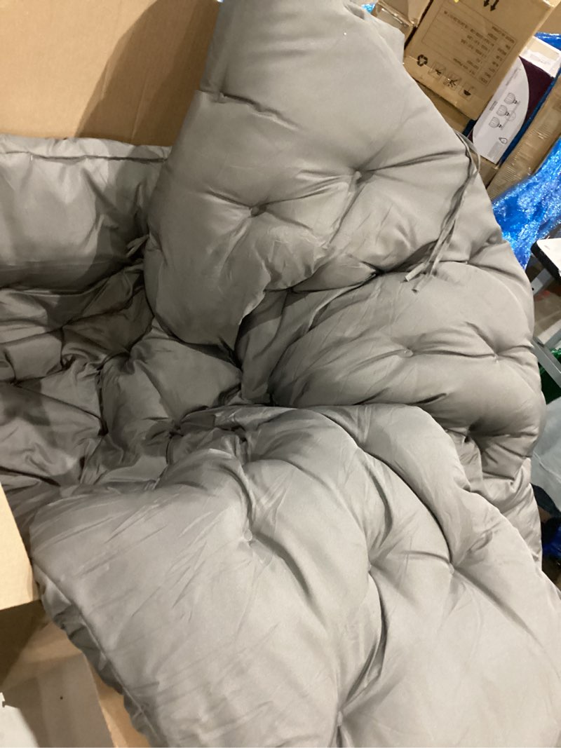Condition photo showing As Is for hanging chair replacement cushion, outside bench cushion with backrest, 2-3 seater cushion
