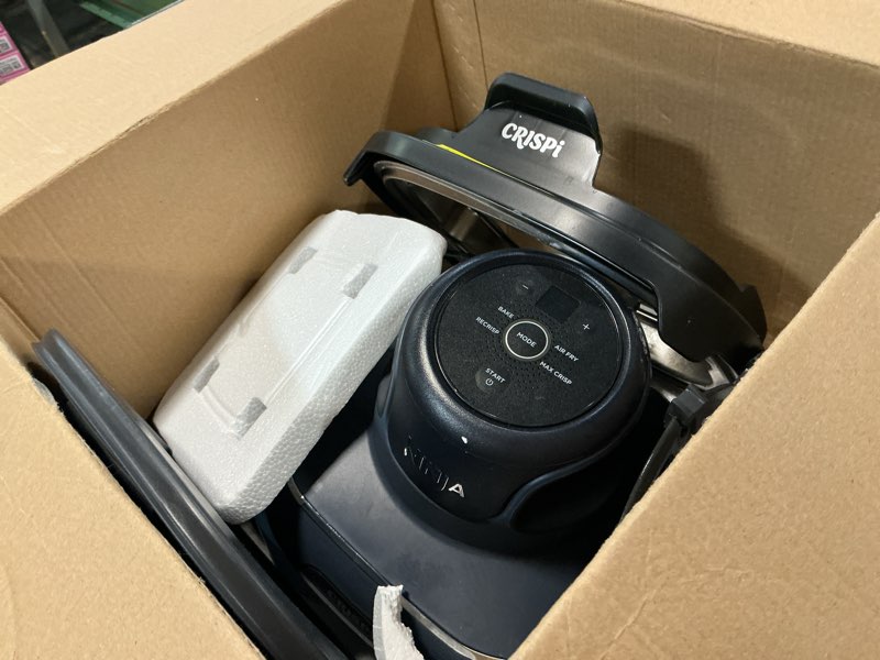 Condition photo showing As Is for ninja crispi 4-in-1 glass air fryer | 450°f | non-toxic | 4qt & 6-cup glass containers w/lids | microwave, freezer, dishwasher safe | max crisp, air fry, bake, recrisp | cyberspace gray, fn101gy cyberspace gray 4 qt
