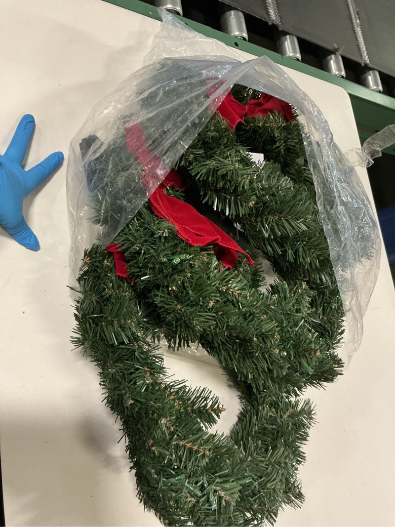 Condition photo showing Good Condition for Set of 3 Artificial Pre-Lit Balsam Pine Christmas Wreaths with Red Bows, 16 Inches, Battery Operated with Timers