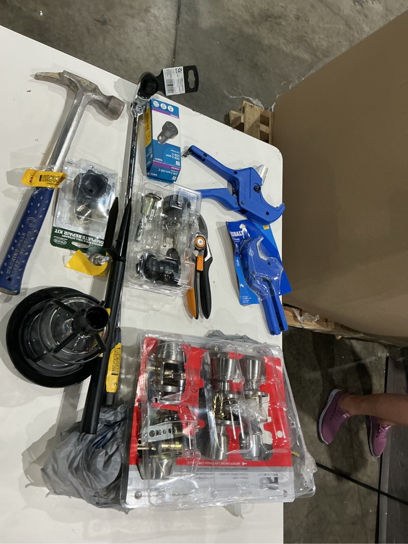 Condition photo showing As Is for assorted home improvement lot (small tools, screw, home accessories, etc.)