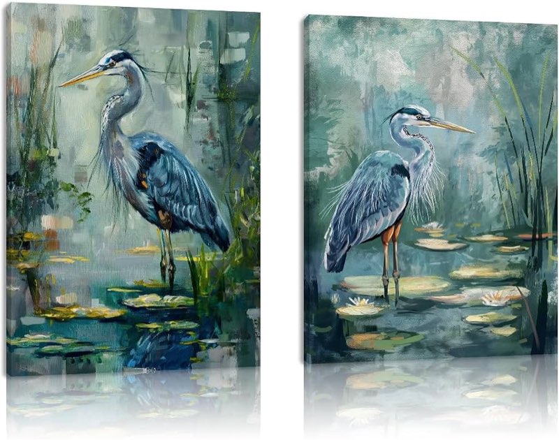 MODOJOART Set of 2 Canvas Wall Art Paintings, Elegant Blue Herons on the Pond, Countryside Landscape Prints, Vintage Heron Pictures for Living Room, Hallway (Artwork, 24