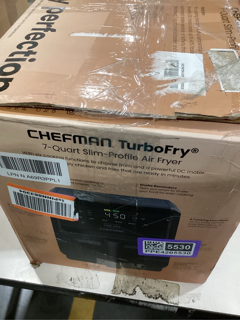 Condition photo showing As Is for chefman air fryer turbofry 7-qt, 6-in-1 high-powered 450°f cooking for crispier results, compact space-saving design, air fry, bake, broil, reheat, dehydrate, defrost, fast & even cooking – black