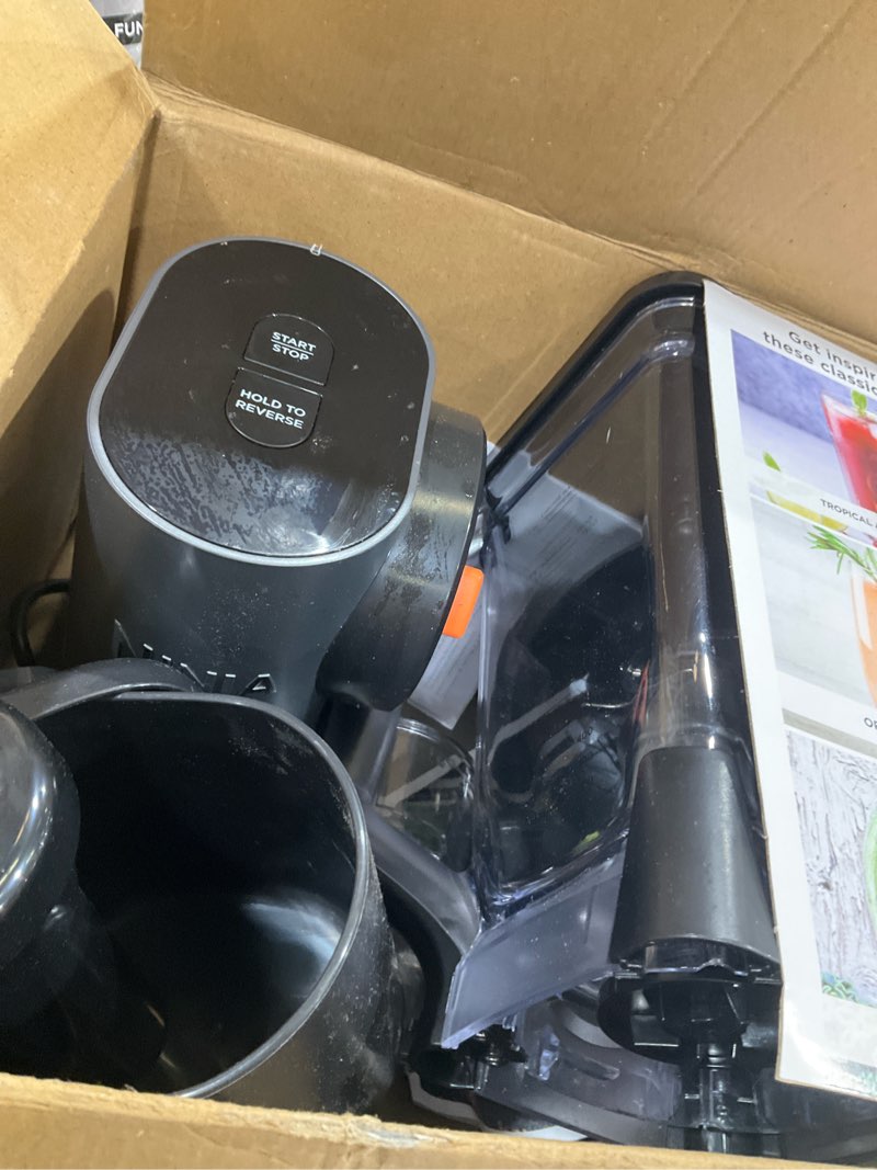 Condition photo showing As Is for ninja neverclog cold press juicer, powerful slow juicer with total pulp control, countertop, electric, 2 pulp functions, dishwasher safe, 2nd generation, charcoal, jc151