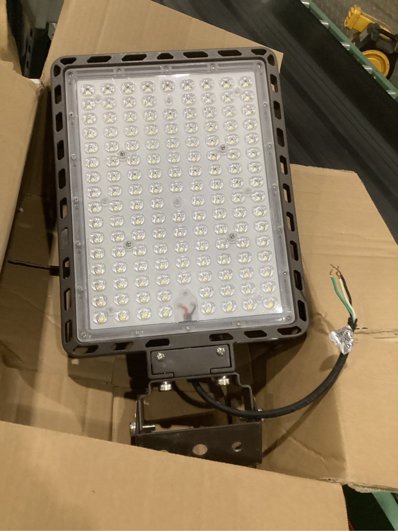 Condition photo showing As Is for juyace 350w led parking lot light with photocell, 52500lm 5000k, ip65 dusk to dawn outdoor security flood light with trunnion bracket, 110-277v commercial area light for street yard stadium 350w-1pack